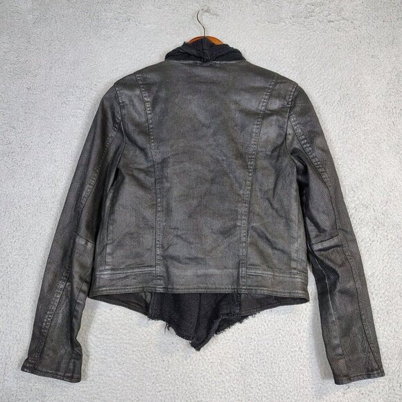 Free People Moto Jacket Women's 6  Black Waxed Denim Drape Front Crop Biker - Picture 2 of 12